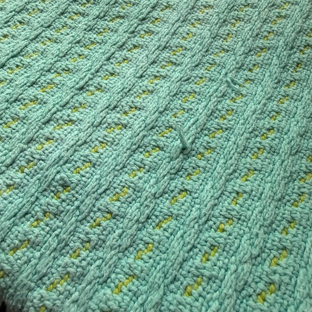Vtg Knit Blanket Blue Yellow Fringe Unisex Cotton Throw Blanket - Picture 14 of 14
